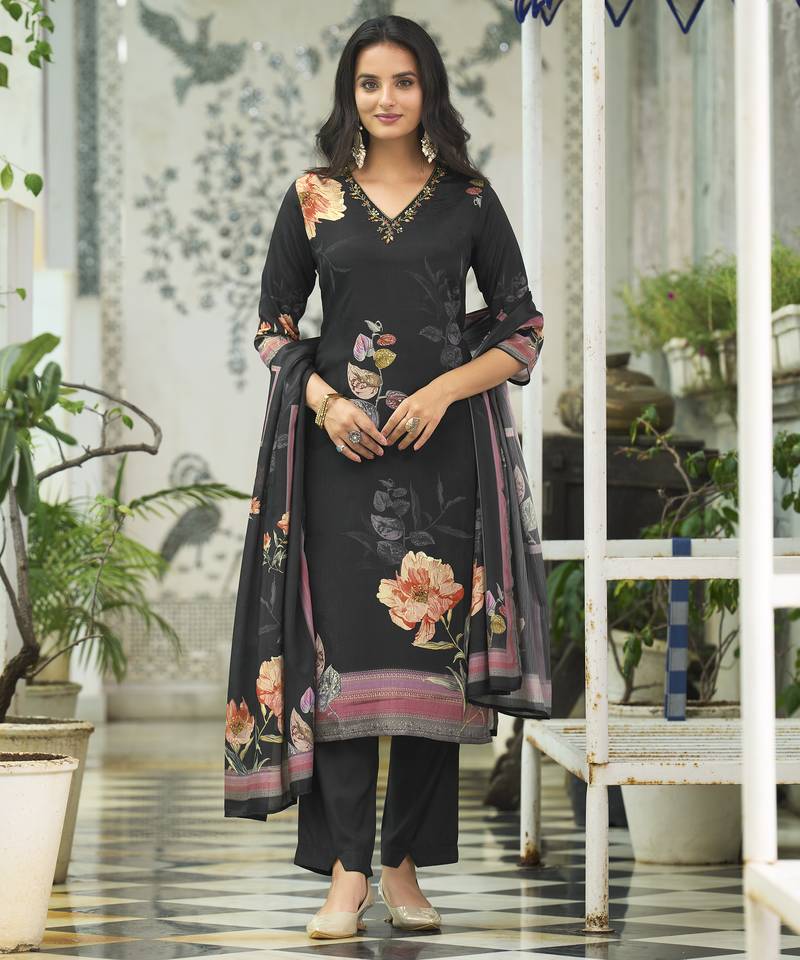 Black chinon chiffon floral printed straight kurta with pant & printed dupatta
