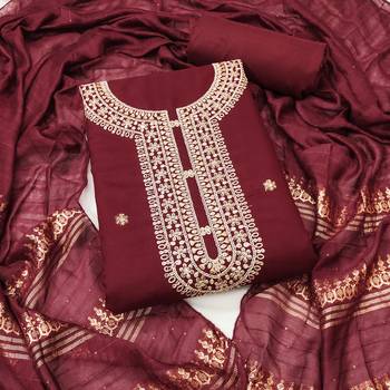  maroon heavy zari sequin embroidery slub cotton dress material 1