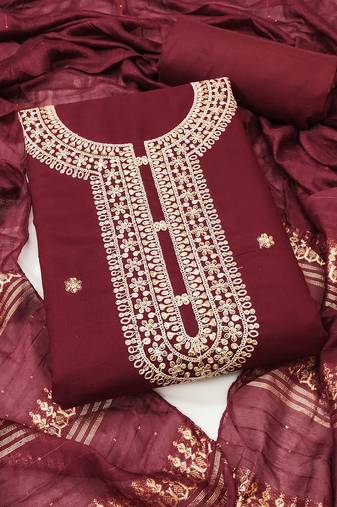 Women's maroon unstitched heavy zari sequence embroidery slub cotton dress material (in2042mrn)