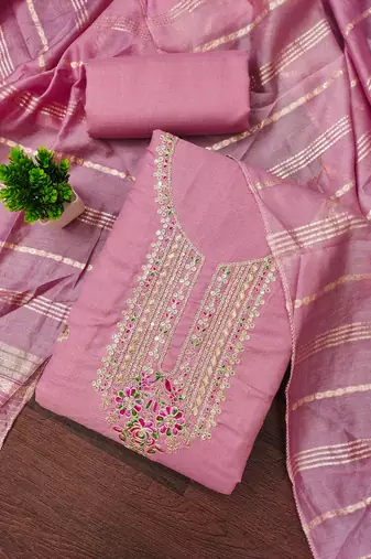 baby pink heavy zari sequin embroidery slub cotton dress material