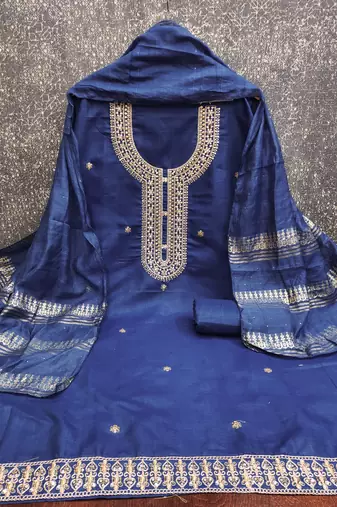  royal blue heavy zari sequin embroidery slub cotton dress material