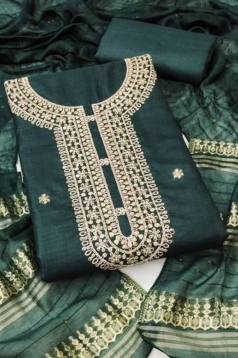 Women's green unstitched heavy zari sequence embroidery slub cotton dress material (in2042grn)