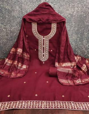  maroon heavy zari sequin embroidery slub cotton dress material 2