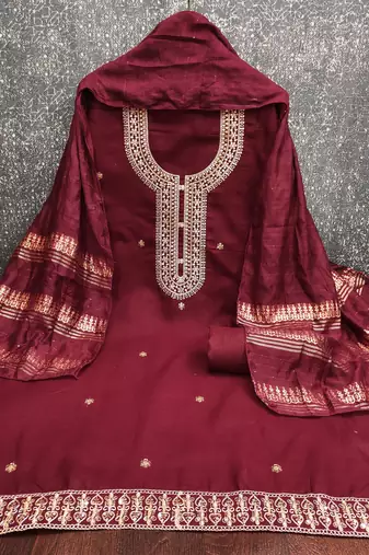  maroon heavy zari sequin embroidery slub cotton dress material