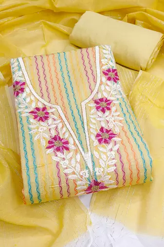 Women's yellow unstitched heavy thread embroidery cotton jacquard dress material (gngr50135ylw)
