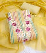 Women's yellow unstitched heavy thread embroidery cotton jacquard dress material (gngr50135ylw)