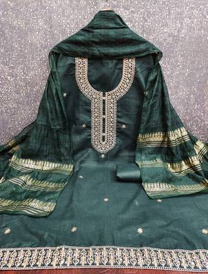  green heavy zari sequin embroidery slub cotton dress material 2