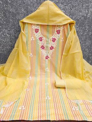  yellow heavy thread embroidery cotton jacquard dress material 2