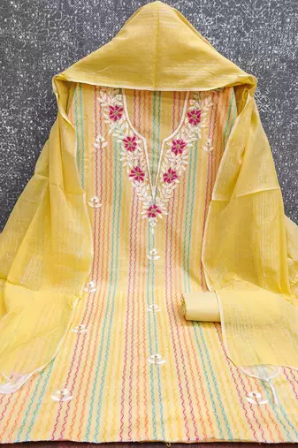  yellow heavy thread embroidery cotton jacquard dress material