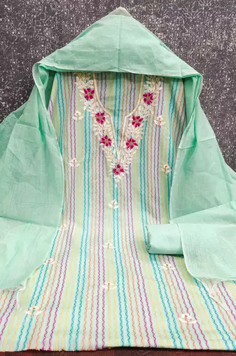  sea green heavy thread embroidery cotton jacquard dress material