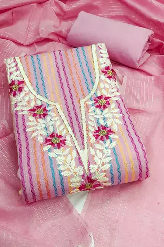 Women's pink unstitched heavy thread embroidery cotton jacquard dress material (gngr50135pnk)