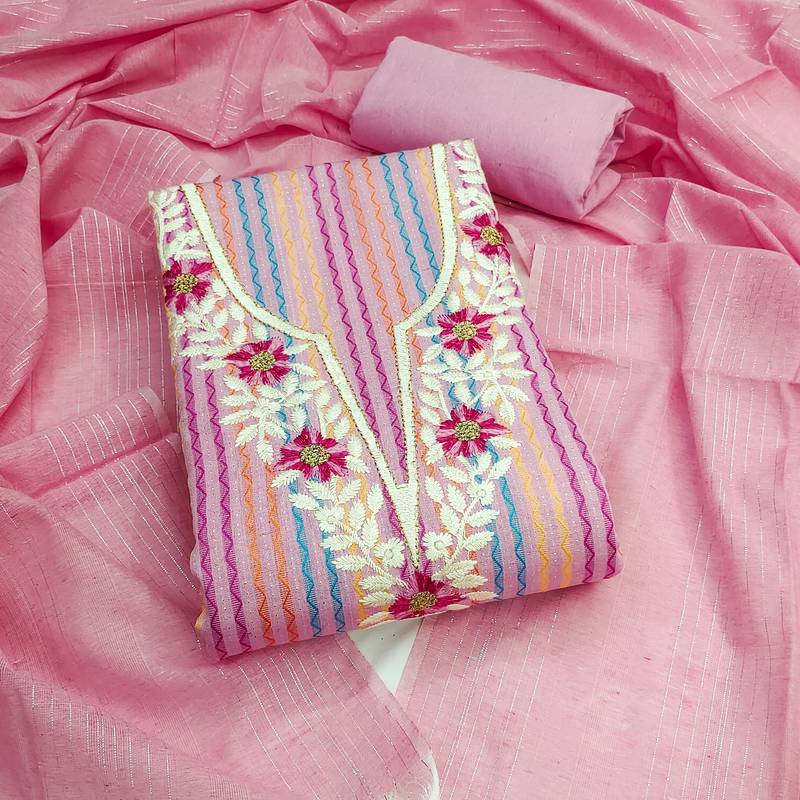 Women's pink unstitched heavy thread embroidery cotton jacquard dress material (gngr50135pnk)