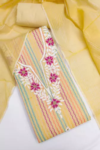  yellow heavy thread embroidery cotton jacquard dress material