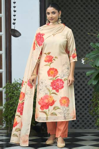 Beige chinon chiffon floral printed straight kurta with pant & printed dupatta