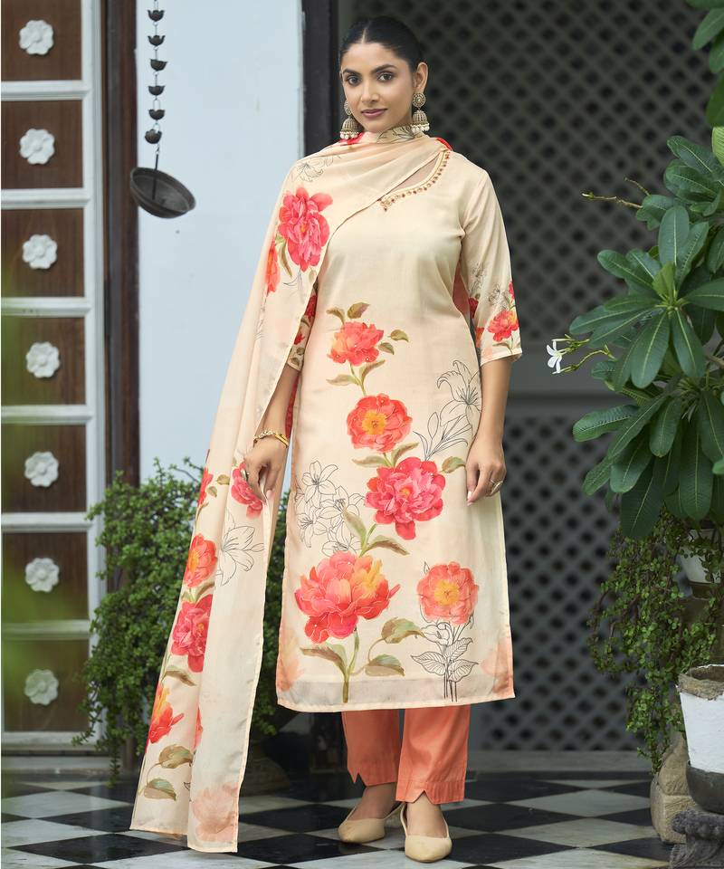 Beige chinon chiffon floral printed straight kurta with pant & printed dupatta