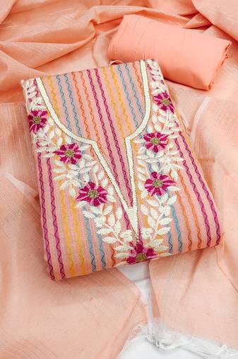 Women's peach unstitched heavy thread embroidery cotton jacquard dress material (gngr50135pch)