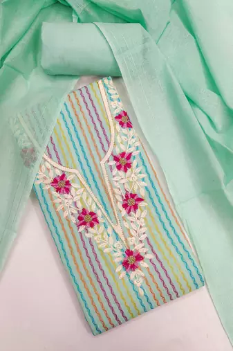  sea green heavy thread embroidery cotton jacquard dress material