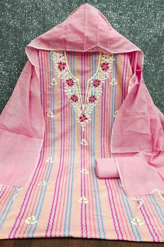  pink heavy thread embroidery cotton jacquard dress material