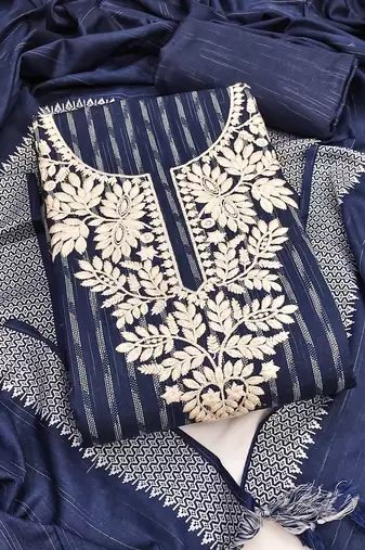 Women's blue unstitched heavy thread embroidery cotton jacquard dress material (gngr50134blu)