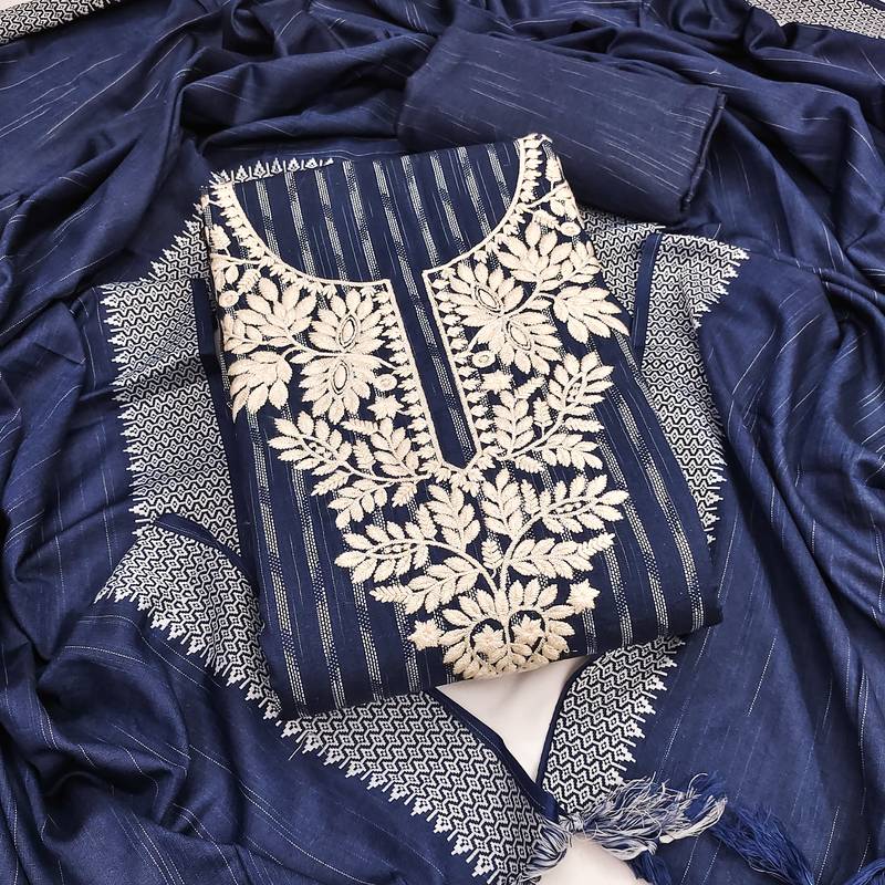 Women's blue unstitched heavy thread embroidery cotton jacquard dress material (gngr50134blu)