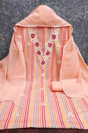  peach heavy thread embroidery cotton jacquard dress material