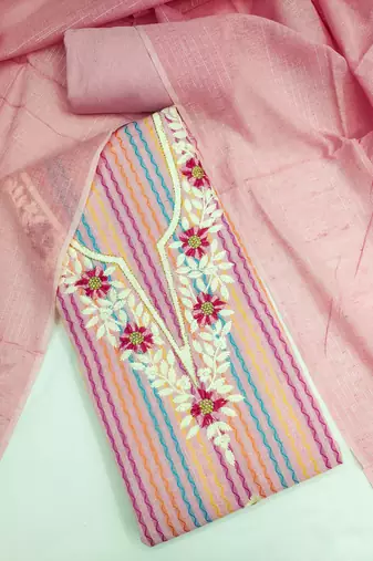  pink heavy thread embroidery cotton jacquard dress material