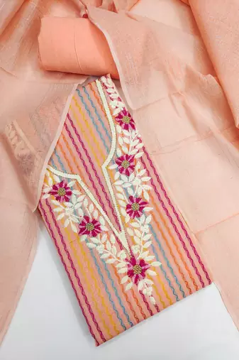  peach heavy thread embroidery cotton jacquard dress material