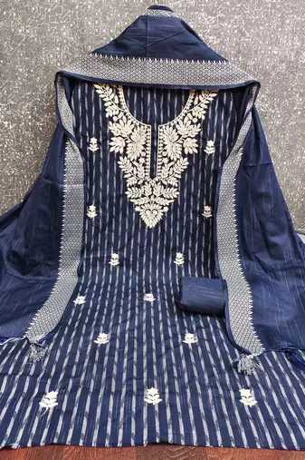  blue heavy thread embroidery cotton jacquard dress material