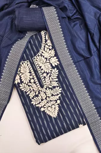  blue heavy thread embroidery cotton jacquard dress material