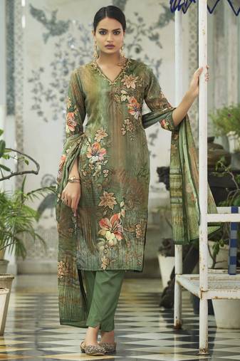 Olive green chinon chiffon floral printed straight kurta with pant & printed dupatta