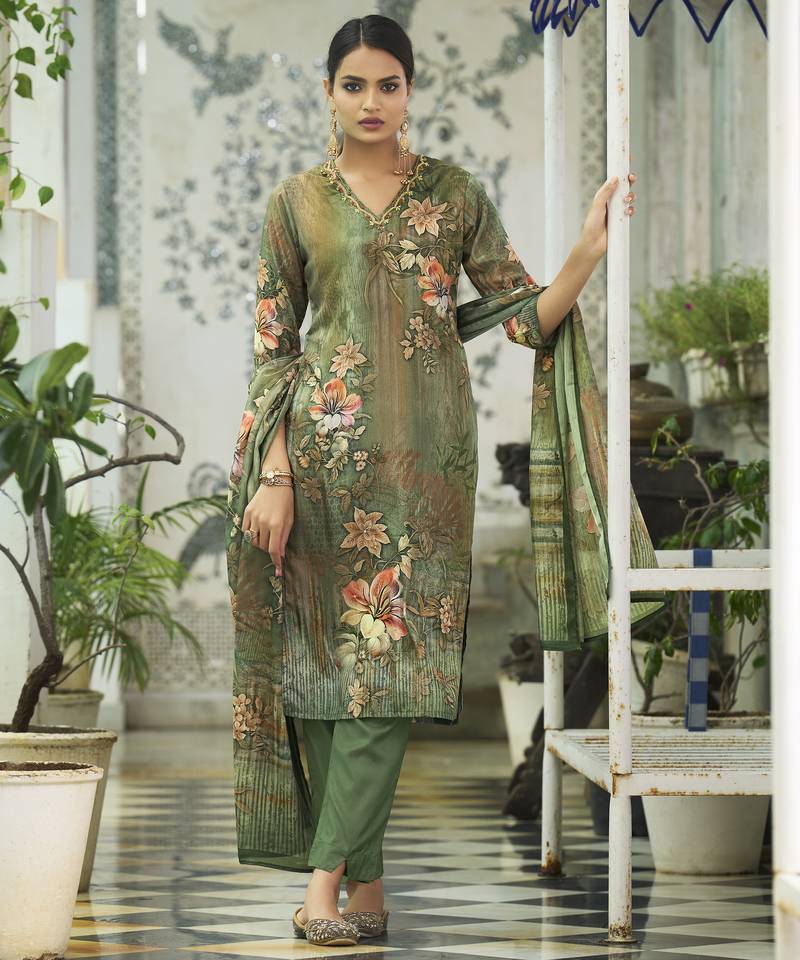 Olive green chinon chiffon floral printed straight kurta with pant & printed dupatta