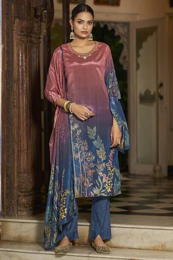 Mauve chinon chiffon floral printed straight kurta with pant & printed dupatta