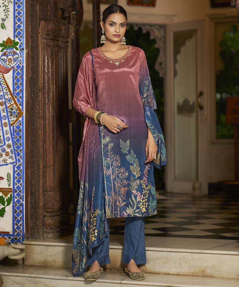 Mauve chinon chiffon floral printed straight kurta with pant & printed dupatta