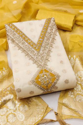 Women's white unstitched weaving embroidery & fancy border simmer jacquard dress material (gngr50131ylw)
