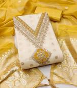 Women's white unstitched weaving embroidery & fancy border simmer jacquard dress material (gngr50131ylw)