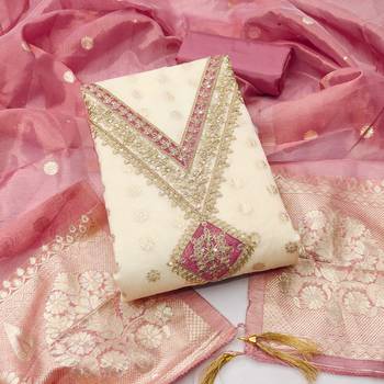  white weaving embroidery & fancy border simmer jacquard dress material 1