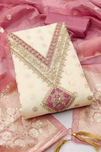 Women's white unstitched weaving embroidery & fancy border simmer jacquard dress material (gngr50131pnk)