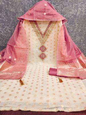  white weaving embroidery & fancy border simmer jacquard dress material 2
