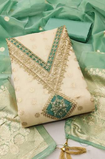 Women's white unstitched weaving embroidery & fancy border simmer jacquard dress material (gngr50131lgn)