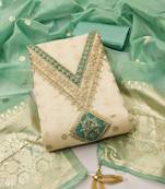 Women's white unstitched weaving embroidery & fancy border simmer jacquard dress material (gngr50131lgn)