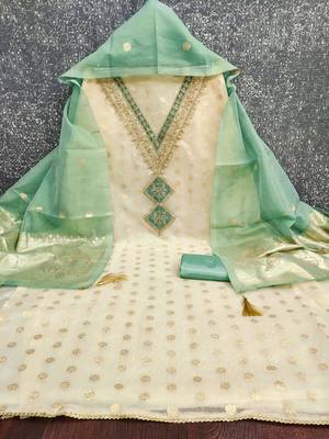  white weaving embroidery & fancy border simmer jacquard dress material 2