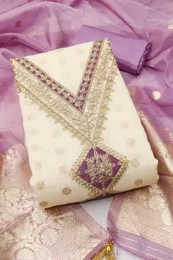 Women's white unstitched weaving embroidery & fancy border simmer jacquard dress material (gngr50131ldr)
