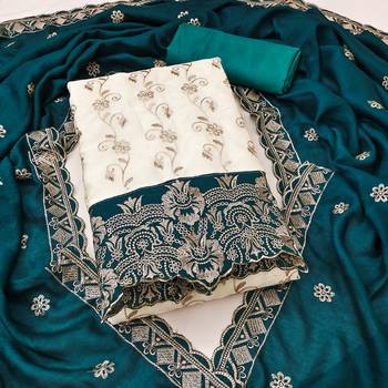  white heavy embroidery & fancy border vichitra silk dress material 1