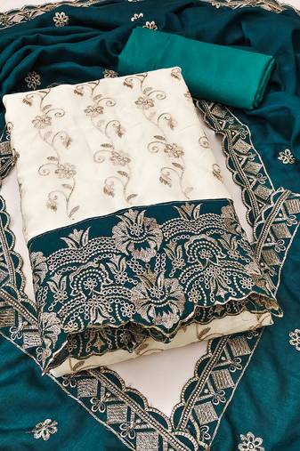 Women's white unstitched heavy embroidery & fancy border vichitra silk dress material (gngr50130sgn)