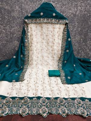  white heavy embroidery & fancy border vichitra silk dress material 2