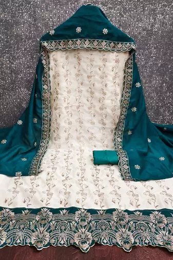 white heavy embroidery & fancy border vichitra silk dress material