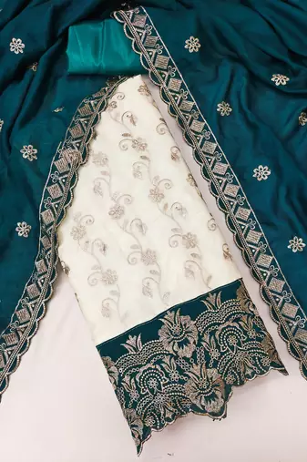  white heavy embroidery & fancy border vichitra silk dress material