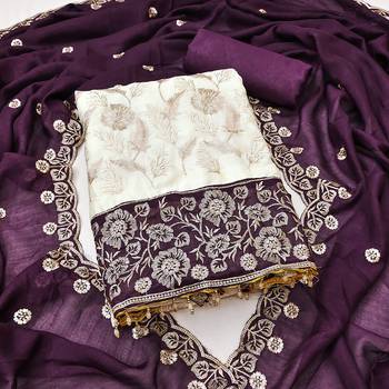  white heavy embroidery & fancy border vichitra silk dress material 1