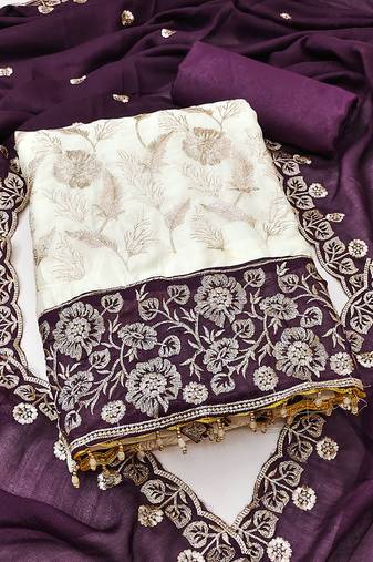 Women's white unstitched heavy embroidery & fancy border vichitra silk dress material (gngr50130ppl)