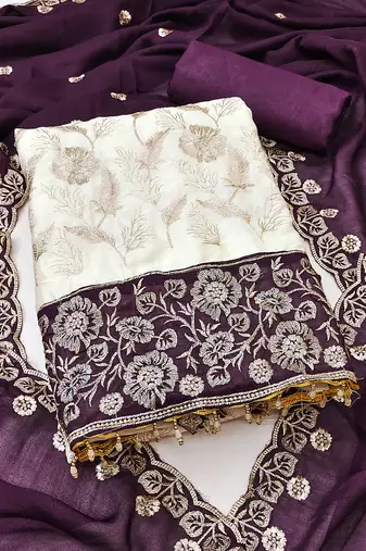 Women's white unstitched heavy embroidery & fancy border vichitra silk dress material (gngr50130ppl)